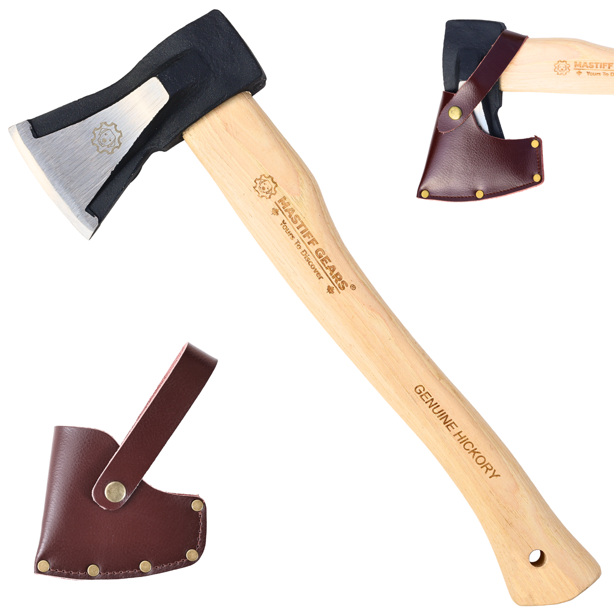 MASTIFF GEARS Wood Splitting Axe, 16.5 Inch 1055 Carbon Steel Forged Camp Axe with American Hickory Handle, German DIN Certified, Genuine Leather Sheath for Firewood Camping Yard Work