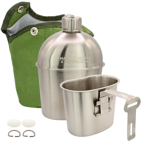MASTIFF GEARS Full Metal Jacket 1-Quart Solid 304 (18/8) Stainless Steel Canteen & Cup Set, with Steel Lid, Canvas Pouch w/MOLLE — 0.95L Flask for Hunting, Fishing, Winter Survival