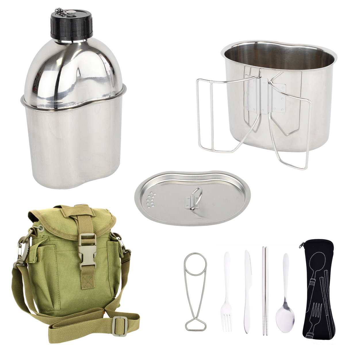 Mastiff Gears® 304 (18/8) Stainless Steel (FDA Compliant) US G.I Style Canteen Kit Cooking Set (Army Green)