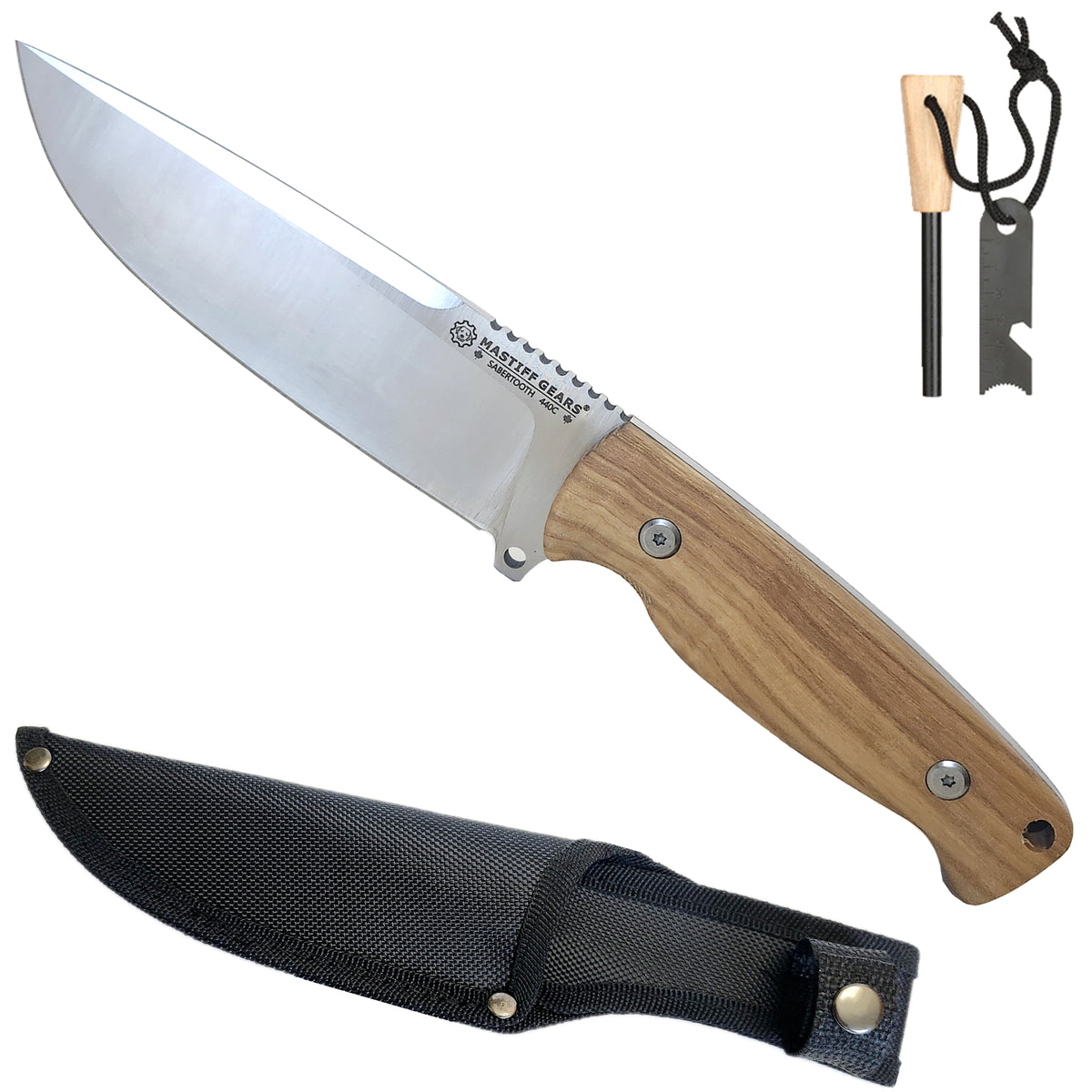 Mastiff Gears® Saber Tooth 440C Stainless Steel Outdoor Survival Knife - Full Tang Bushcraft Camping Knife with Wooden Handle