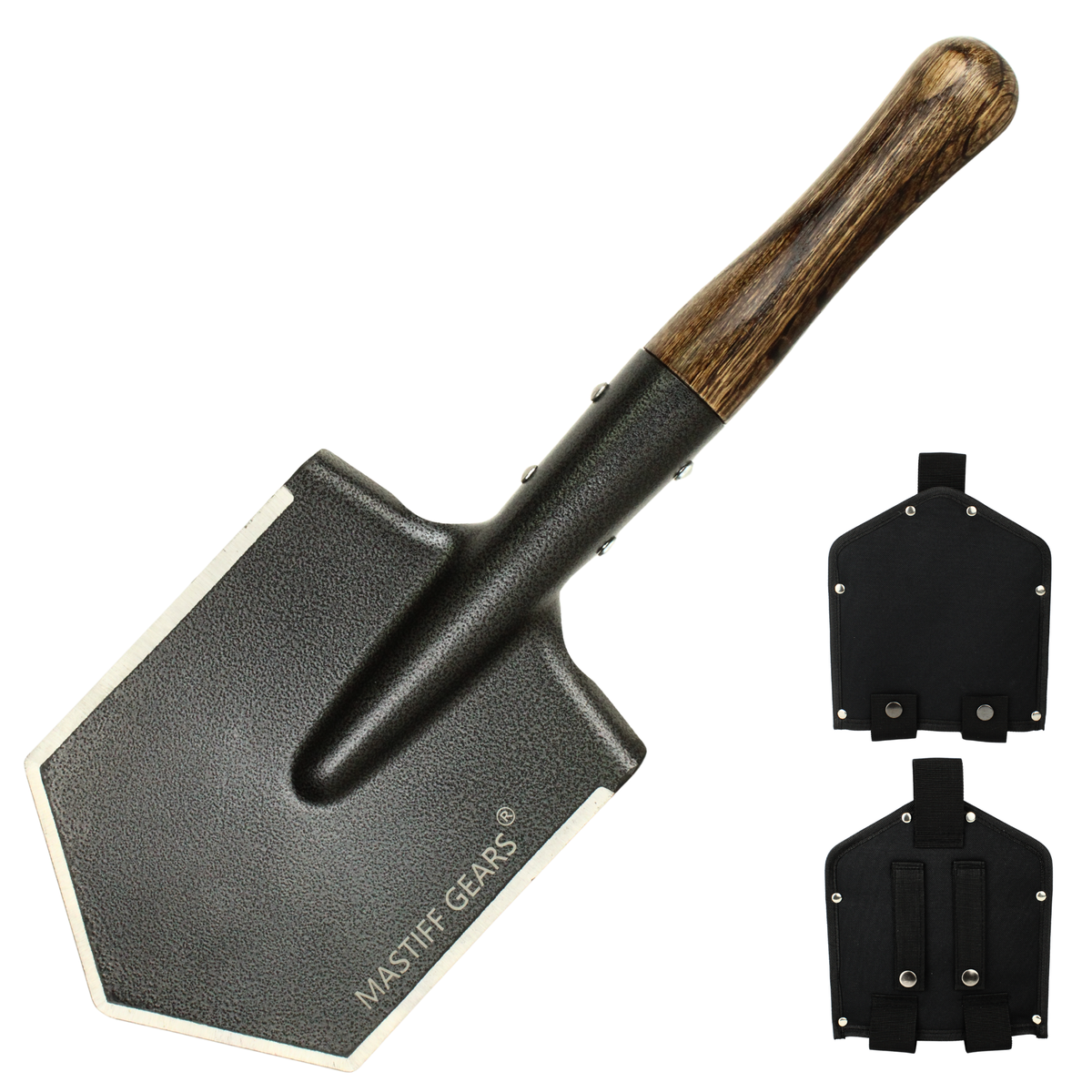 MASTIFF GEARS Fat Boy Heavy Duty Bushcraft Camping Shovel, 1065 Carbon Steel HRC49-53 Large Dual-Edge Blade, Hand-Carbonized Cyclobalanopsis Handle, Multi-Use Survival Shovel with 3-Layer MOLLE Compatible Sheath