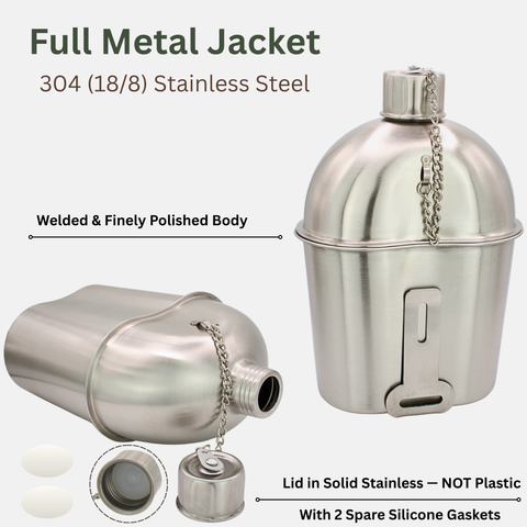 MASTIFF GEARS Full Metal Jacket 1-Quart Solid 304 (18/8) Stainless Steel Canteen & Cup Set, with Steel Lid, Canvas Pouch w/MOLLE — 0.95L Flask for Hunting, Fishing, Winter Survival