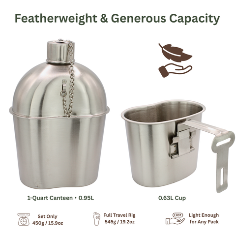 MASTIFF GEARS Full Metal Jacket 1-Quart Solid 304 (18/8) Stainless Steel Canteen & Cup Set, with Steel Lid, Canvas Pouch w/MOLLE — 0.95L Flask for Hunting, Fishing, Winter Survival