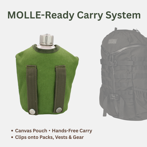 MASTIFF GEARS Full Metal Jacket 1-Quart Solid 304 (18/8) Stainless Steel Canteen & Cup Set, with Steel Lid, Canvas Pouch w/MOLLE — 0.95L Flask for Hunting, Fishing, Winter Survival
