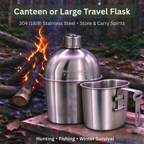 MASTIFF GEARS Full Metal Jacket 1-Quart Solid 304 (18/8) Stainless Steel Canteen & Cup Set, with Steel Lid, Canvas Pouch w/MOLLE — 0.95L Flask for Hunting, Fishing, Winter Survival