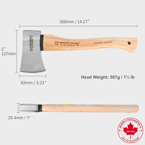 MASTIFF GEARS 1.25 lb Camp Axe - 14" Throwing Axe with 1055 Carbon Steel & North American Hickory Handle | Leather Sheath Included |1-Year Replacement, Lifetime Limited Warranty
