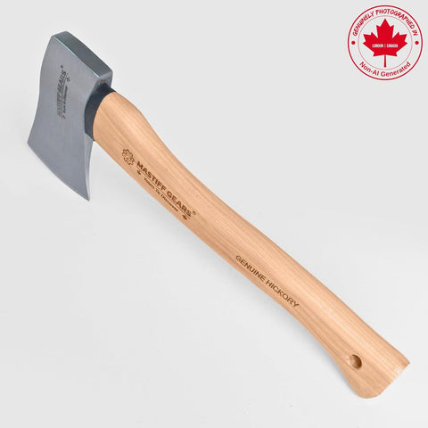 MASTIFF GEARS 1.25 lb Camp Axe - 14" Throwing Axe with 1055 Carbon Steel & North American Hickory Handle | Leather Sheath Included |1-Year Replacement, Lifetime Limited Warranty