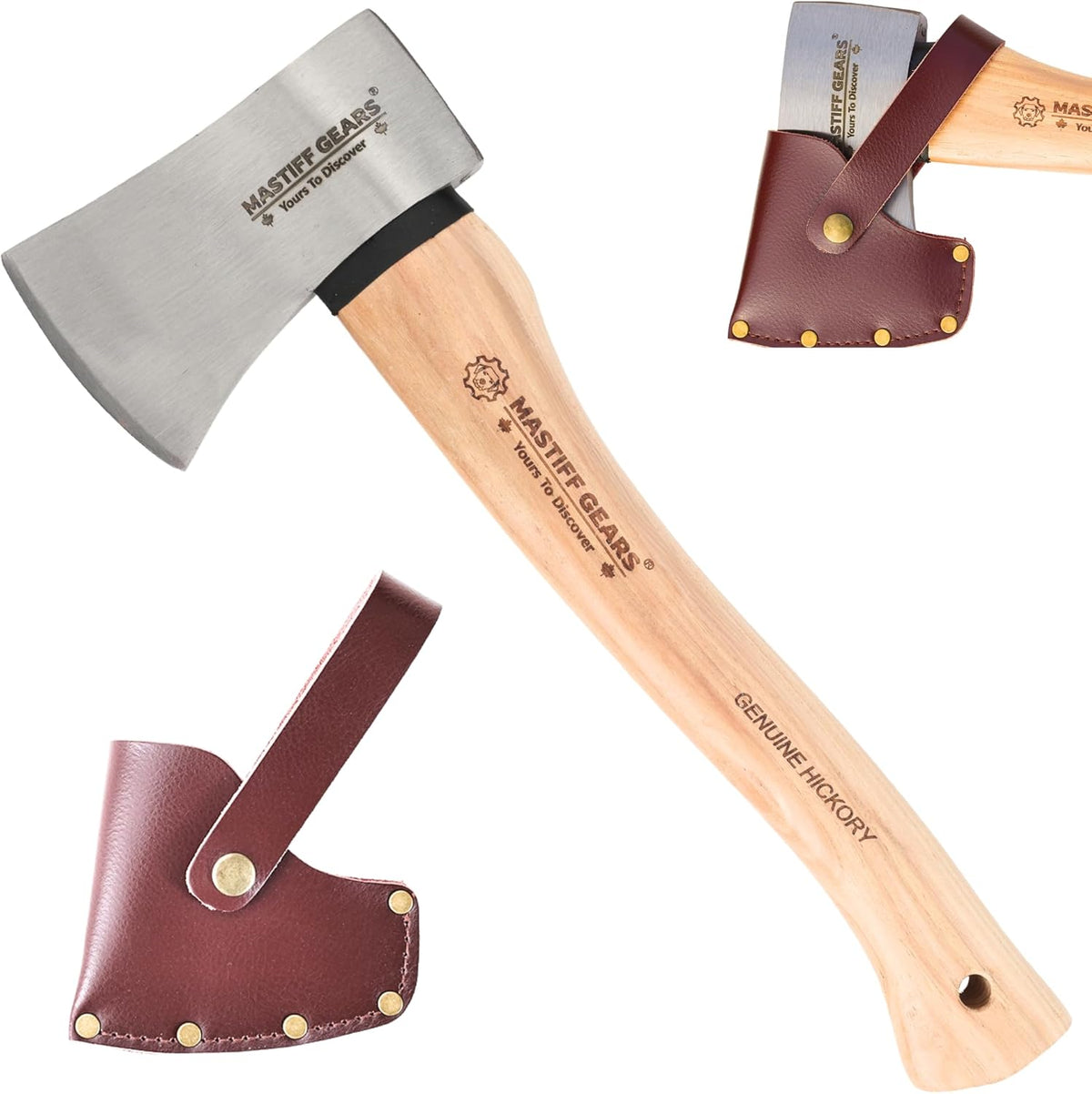 MASTIFF GEARS 1.25 lb Camp Axe - 14" Throwing Axe with 1055 Carbon Steel & North American Hickory Handle | Leather Sheath Included |1-Year Replacement, Lifetime Limited Warranty