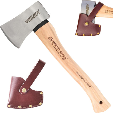 MASTIFF GEARS 1.25 lb Camp Axe - 14" Throwing Axe with 1055 Carbon Steel & North American Hickory Handle | Leather Sheath Included |1-Year Replacement, Lifetime Limited Warranty