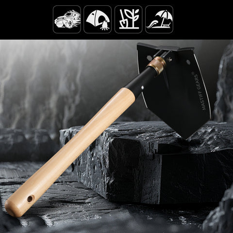 MASTIFF GEARS WWII M38 Military Shovel - 1050 Steel, Nordic Beechwood Handle, Axe/Hammer, MOLLE Sheath for Camping Emergency