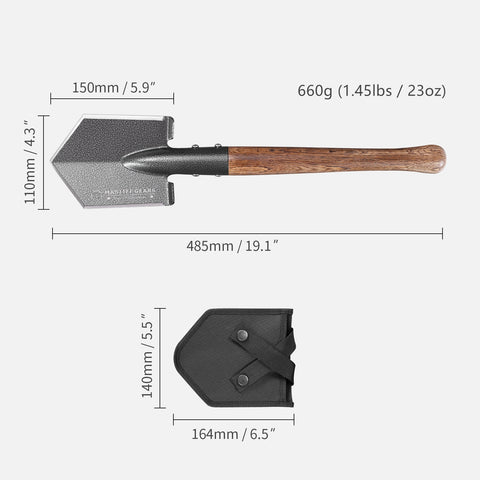 MASTIFF GEARS Tactical Survival Shovel - 48.5cm/19in, Axe/Machete Replacement, HRC 42-48 1050 Steel Spade, Hand-Carbonized Hardwood Handle & MOLLE Sheath for Camping Hiking Off-Roading Emergency