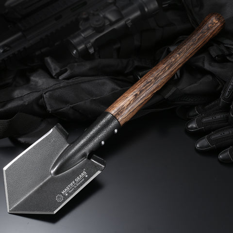 MASTIFF GEARS Tactical Survival Shovel - 48.5cm/19in, Axe/Machete Replacement, HRC 42-48 1050 Steel Spade, Hand-Carbonized Hardwood Handle & MOLLE Sheath for Camping Hiking Off-Roading Emergency