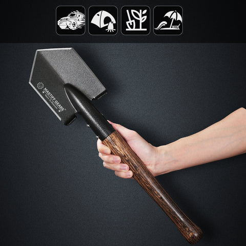 MASTIFF GEARS Tactical Survival Shovel - 48.5cm/19in, Axe/Machete Replacement, HRC 42-48 1050 Steel Spade, Hand-Carbonized Hardwood Handle & MOLLE Sheath for Camping Hiking Off-Roading Emergency