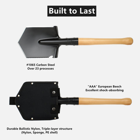 MASTIFF GEARS Wolf Tooth Military Shovel - Heavy Duty Carbon Steel Spade w/Hardwood Handle & Saw Edge | Camping Shovel, Tactical Shovel, Entrenching Tool for Hiking, Bushcraft, Off-Road | Digs Dirt, Sand, Snow, Mud