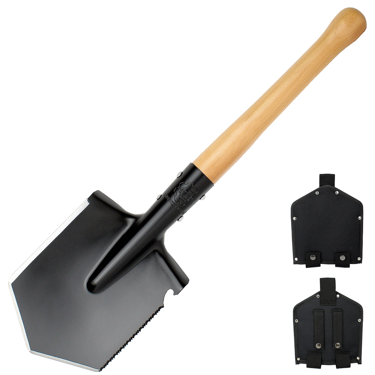 MASTIFF GEARS Wolf Tooth Military Shovel - Heavy Duty Carbon Steel Spade w/Hardwood Handle & Saw Edge | Camping Shovel, Tactical Shovel, Entrenching Tool for Hiking, Bushcraft, Off-Road | Digs Dirt, Sand, Snow, Mud