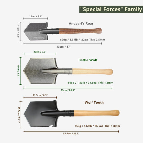 MASTIFF GEARS Tactical Survival Shovel - 43cm/17in, Axe/Machete Replacement, HRC 42-48 1050 Steel Spade, Hand-Carbonized Hardwood Handle & MOLLE Sheath for Camping Hiking Off-Roading Emergency