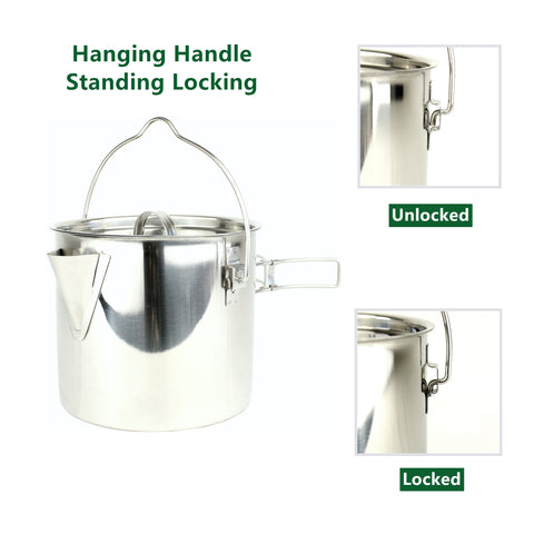 Mastiff Gears ® 304 (18/8) Stainless Steel Ultimate Camping Kettle/Pot/Cup 3-in-1 with Lid and Folding/Hanging Handles 50oz / 1.4 L