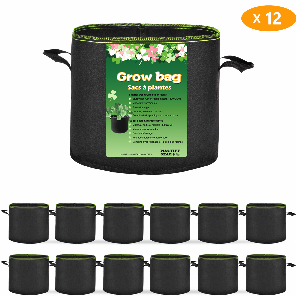 Mastiff Gears® Grow Bags, Value Pack of 12 Pcs, Durable Fabric Pots, Plant Pots
