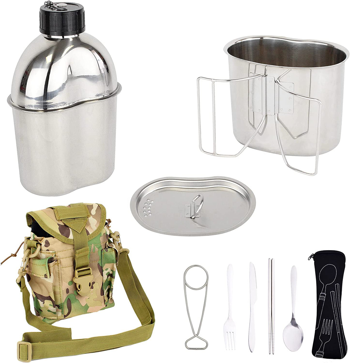 Mastiff Gears® 304 (18/8) Stainless Steel (FDA Compliant) US G.I Style Canteen Kit Cooking Set (MC Camo)