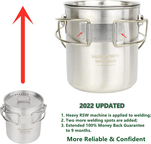 Mastiff Gears ® 304 (18/8) Stainless Steel Solo Camping Cup/Pot with Lid and Folding/Hanging Handles 22oz / 650ml